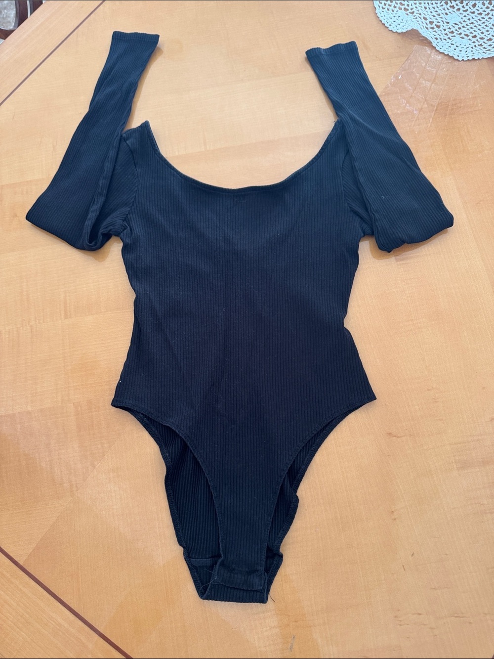 Divided Black Ribbed Long-Sleeve Girls' One-Piece Bodysuit size s